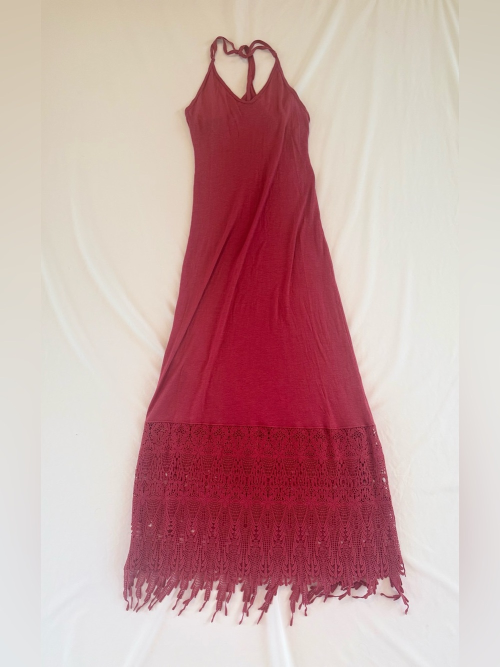 Intimately Free People T Back Burgundy Maxi Dress Crochet Lace Fringe Festival M